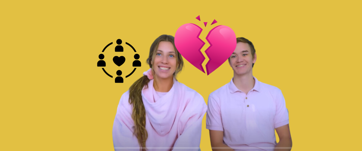 image of the Pink Shirt Couple sitting with smiles, and a broken pink heart between them