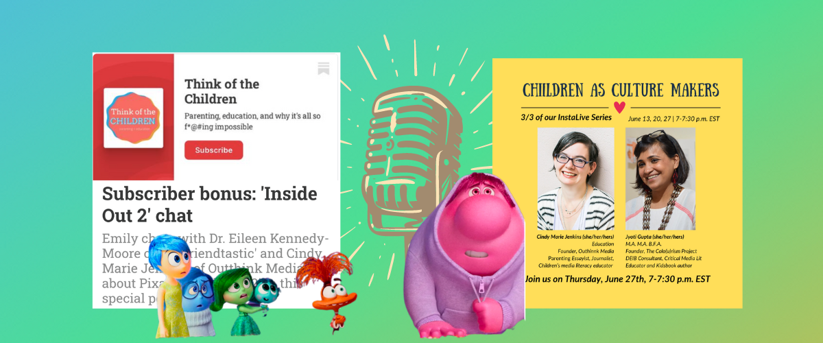 image of 2 podcast announcements and the characters from Inside Out 2